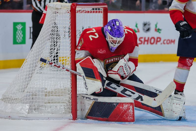 Nov 27, 2024; Sunrise, Florida, USA; Florida Panthers goaltender Sergei Bobrovsky (72) makes a save against the Toronto Maple Leafs during the second period at Amerant Bank Arena. Mandatory Credit: Sam Navarro-Imagn Images