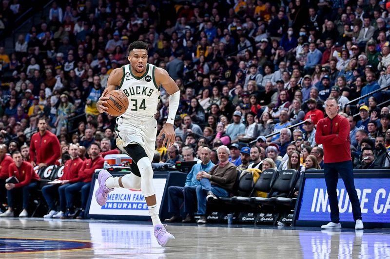 DENVER, CO - MARCH 25:  Giannis Antetokounmpo #34 of the Milwaukee Bucks runs on a fast break in a game against the Denver Nuggets at Ball Arena on March 25, 2023 in Denver, Colorado. NOTE TO USER: User expressly acknowledges and agrees that, by downloading and or using this photograph, User is consenting to the terms and conditions of the Getty Images License Agreement. (Photo by Dustin Bradford/Getty Images)