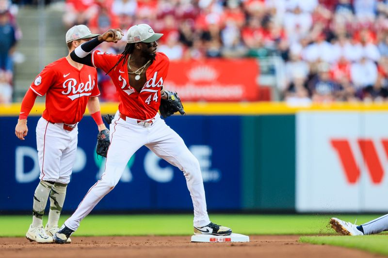 May 17, 2025; Cincinnati, Ohio, USA; Cincinnati Reds shortstop Elly De La Cruz (44) throws to first to get Cleveland Guardians shortstop Gabriel Arias (not pictured) out in the fourth inning at Great American Ball Park. Mandatory Credit: Katie Stratman-Imagn Images