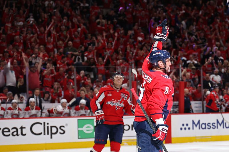 Apr 30, 2025; Washington, District of Columbia, USA; Washington Capitals left wing Alex Ovechkin (8) celebrates after scoring a goal against the Montreal Canadiens in the first period in game five of the first round of the 2025 Stanley Cup Playoffs at Capital One Arena. Mandatory Credit: Geoff Burke-Imagn Images