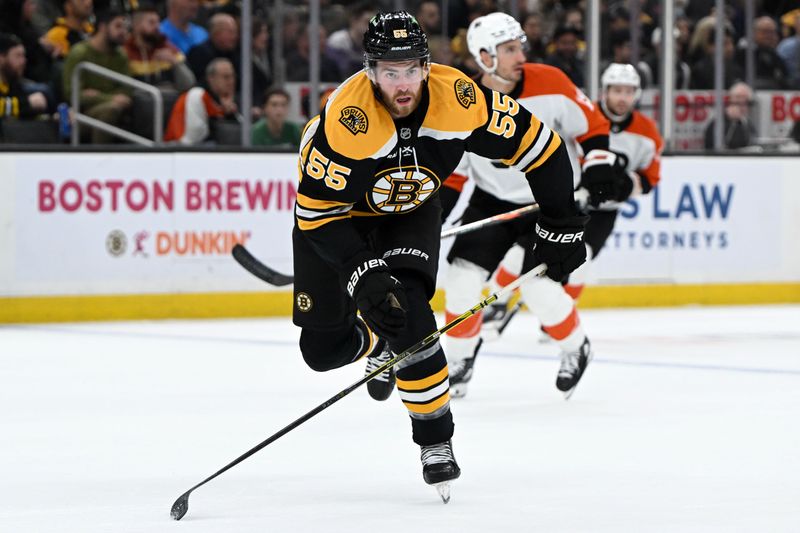 Oct 1, 2024; Boston, Massachusetts, USA; Boston Bruins right wing Justin Brazeau (55) skates against the Philadelphia Flyers during the first period at the TD Garden. Mandatory Credit: Brian Fluharty-Imagn Images