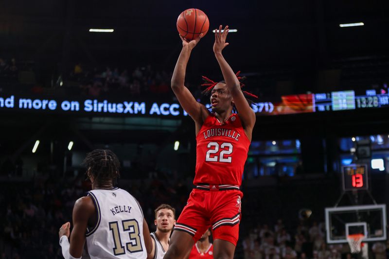 Feb 25, 2023; Atlanta, Georgia, USA; Louisville Cardinals forward Kamari Lands (22) shoots over Georgia Tech Yellow Jackets guard Miles Kelly (13) in the first half at McCamish Pavilion. Mandatory Credit: Brett Davis-USA TODAY Sports