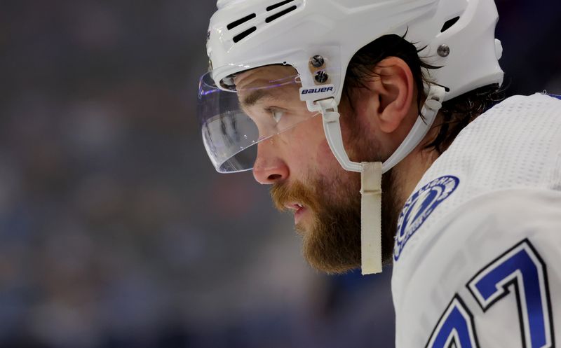 Jan 20, 2024; Buffalo, New York, USA;  Tampa Bay Lightning defenseman Victor Hedman (77) waits for the face-off during the second period against the Buffalo Sabres at KeyBank Center. Mandatory Credit: Timothy T. Ludwig-USA TODAY Sports