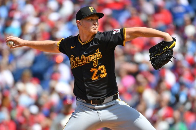 Apr 14, 2024; Philadelphia, Pennsylvania, USA; Pittsburgh Pirates pitcher Mitch Keller (23) throws a pitch during the second inning against the Philadelphia Phillies at Citizens Bank Park. Mandatory Credit: Eric Hartline-USA TODAY Sports