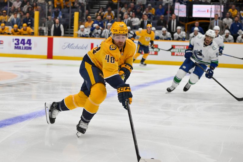 Oct 23, 2025; Nashville, Tennessee, USA;  Nashville Predators defenseman Nick Perbix (48) skates with the puck against the Vancouver Canucks during the first period at Bridgestone Arena. Mandatory Credit: Steve Roberts-Imagn Images