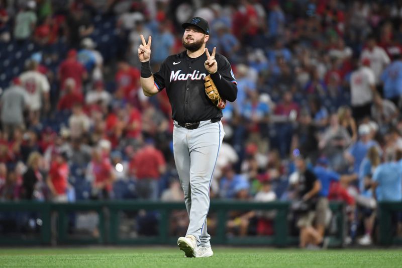 Aug 13, 2024; Philadelphia, Pennsylvania, USA; Miami Marlins third base Jake Burger (36) celebrates win against the Philadelphia Phillies at Citizens Bank Park. Mandatory Credit: Eric Hartline-USA TODAY Sports