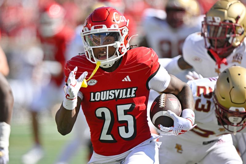 Sep 23, 2023; Louisville, Kentucky, USA;   Louisville Cardinals running back Jawhar Jordan (25) runs the ball against the Boston College Eagles during the first quarter at L&N Federal Credit Union Stadium. Mandatory Credit: Jamie Rhodes-USA TODAY Sports