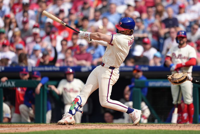 Apr 19, 2025; Philadelphia, Pennsylvania, USA; Philadelphia Phillies infielder Bryce Harper (3) hits an RBI double against the Miami Marlins in the seventh inning at Citizens Bank Park. Mandatory Credit: Kyle Ross-Imagn Images