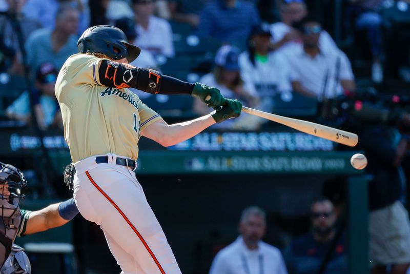 Jul 8, 2023; Seattle, Washington, USA; American League Futures right fielder Heston Kjerstad (18) of the Baltimore Orioles hits a single against the National League Futures during the third inning of the All Star-Futures Game at T-Mobile Park. Mandatory Credit: Joe Nicholson-USA TODAY Sports