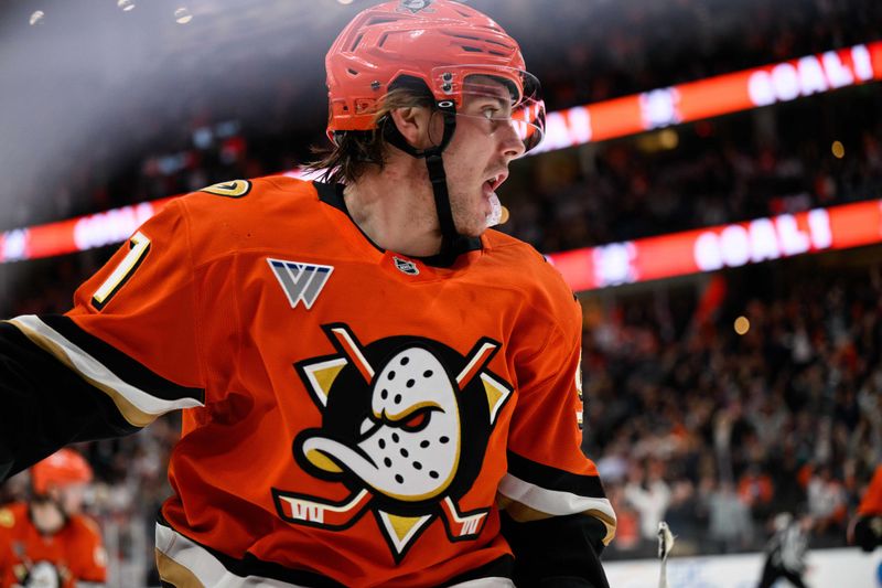 Nov 26, 2025; Anaheim, California, USA; Anaheim Ducks center Leo Carlsson (91) looks on after scoring during the second period against the Vancouver Canucks at Honda Center. Mandatory Credit: William Liang-Imagn Images