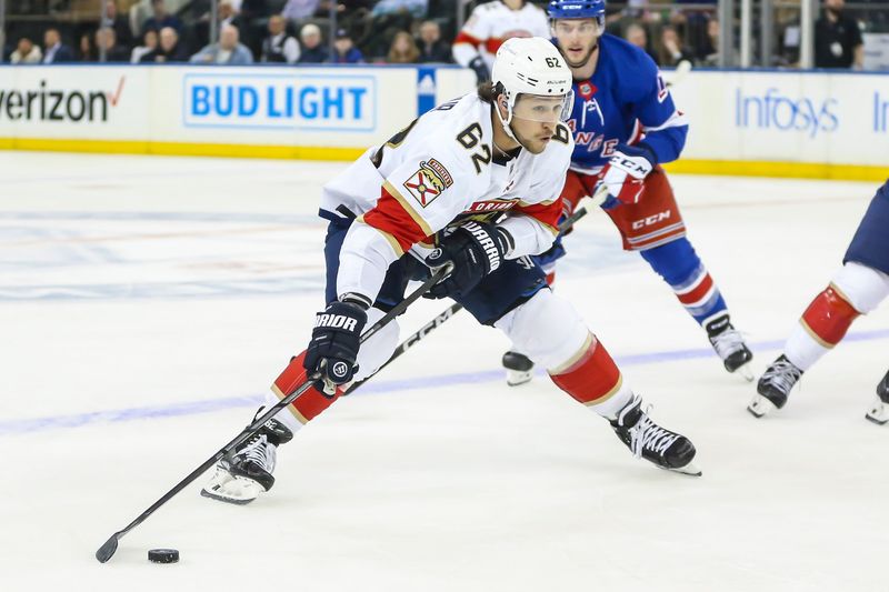 Mar 4, 2024; New York, New York, USA;  Florida Panthers defenseman Brandon Montour (62) controls the puck in the second period against the New York Rangers at Madison Square Garden. Mandatory Credit: Wendell Cruz-USA TODAY Sports