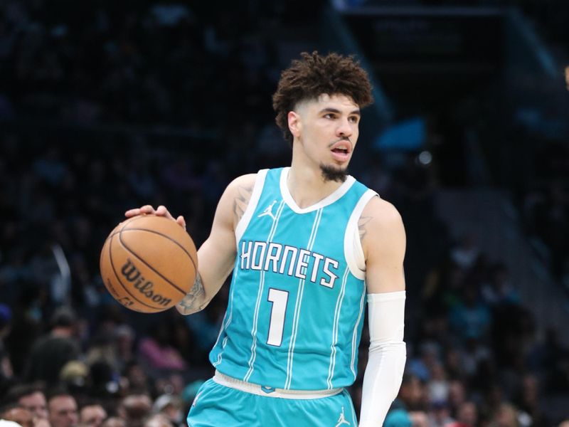 CHARLOTTE, NC - MARCH 05: LaMelo Ball #1 of the Charlotte Hornets handles the ball during the game against the Minnesota Timberwolves on March 05, 2025 at Spectrum Center in Charlotte, North Carolina. NOTE TO USER: User expressly acknowledges and agrees that, by downloading and or using this photograph, User is consenting to the terms and conditions of the Getty Images License Agreement. Mandatory Copyright Notice: Copyright 2025 NBAE (Photo by Brock Williams-Smith/NBAE via Getty Images)