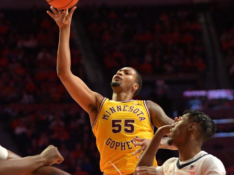 Feb 20, 2023; Champaign, Illinois, USA;  Minnesota Golden Gophers guard Ta'lon Cooper (55) shoots the ball during the second half against the Illinois Fighting Illini at State Farm Center. Mandatory Credit: Ron Johnson-USA TODAY Sports