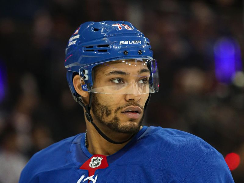 Jan 18, 2025; New York, New York, USA; New York Rangers defenseman K'Andre Miller (79) skates against the Columbus Blue Jackets during the second period at Madison Square Garden. Mandatory Credit: Danny Wild-Imagn Images