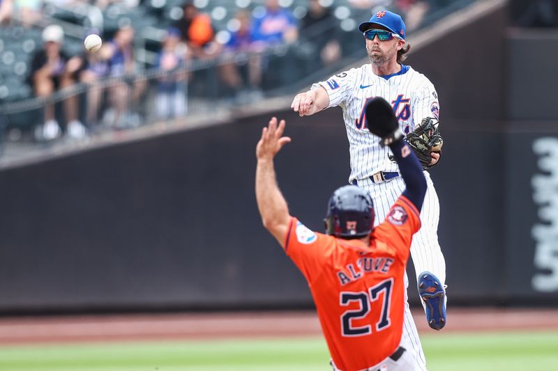 Jun 30, 2024; New York City, New York, USA;  New York Mets second baseman Jeff McNeil (1) throws past Houston Astros second baseman Jose Altuve (27) to complete a double play in the first inning at Citi Field. Mandatory Credit: Wendell Cruz-USA TODAY Sports