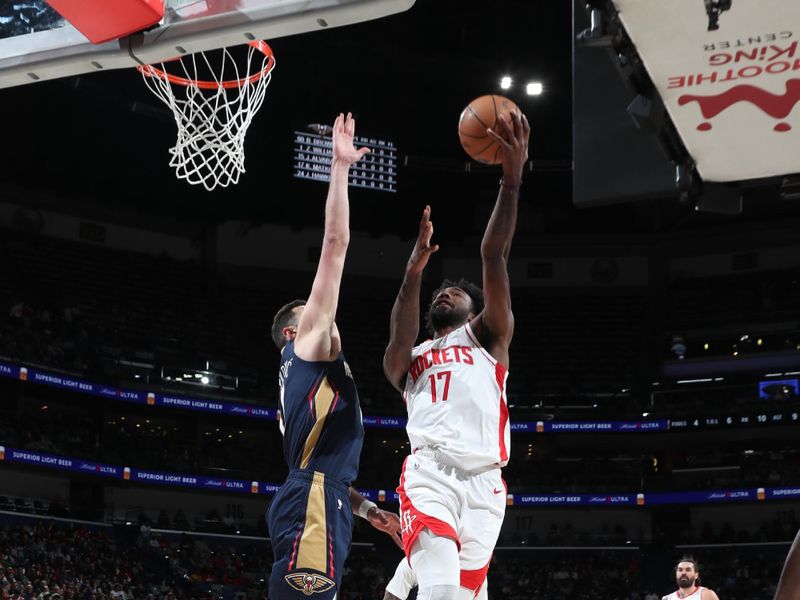 NEW ORLEANS, LA - MARCH 6: Tari Eason #17 of the Houston Rockets drives to the basket during the game against the New Orleans Pelicans on March 6, 2025 at the Smoothie King Center in New Orleans, Louisiana. NOTE TO USER: User expressly acknowledges and agrees that, by downloading and or using this Photograph, user is consenting to the terms and conditions of the Getty Images License Agreement. Mandatory Copyright Notice: Copyright 2025 NBAE (Photo by Layne Murdoch Jr./NBAE via Getty Images)