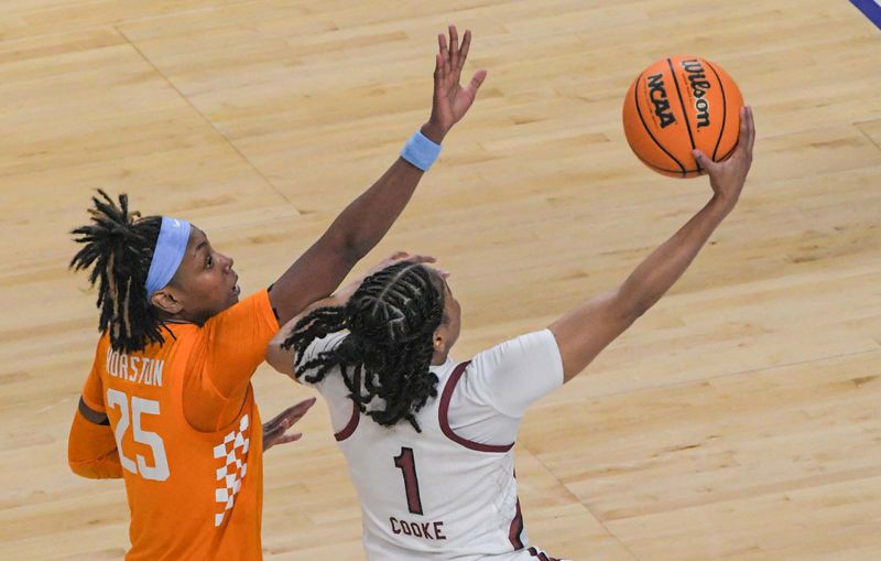 Mar 5, 2023; Greenville, SC, USA; South Carolina guard Zia Cooke (1) scores past Tennessee guard Jordan Horston (25) during the second quarter of the SEC Women's Basketball Tournament at Bon Secours Wellness Arena. Mandatory Credit: Ken Ruinard-USA TODAY Sports