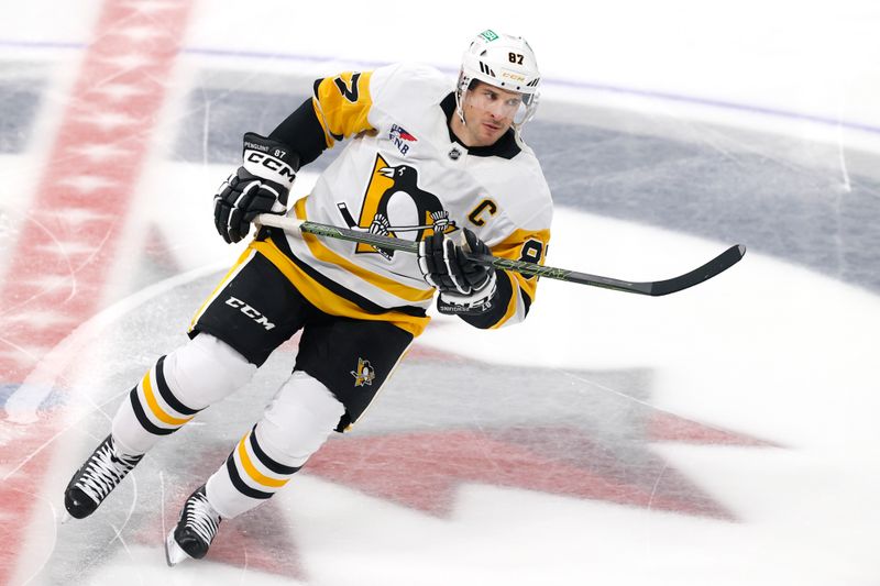 Oct 20, 2024; Winnipeg, Manitoba, CAN; Pittsburgh Penguins center Sidney Crosby (87) warms up before a game against the Winnipeg Jets at Canada Life Centre. Mandatory Credit: James Carey Lauder-Imagn Images