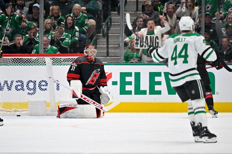 Jan 25, 2023; Dallas, Texas, USA; Carolina Hurricanes goaltender Frederik Andersen (31) reacts to giving up a goal to Dallas Stars center Wyatt Johnston (not pictured) during the first period at the American Airlines Center. Mandatory Credit: Jerome Miron-USA TODAY Sports