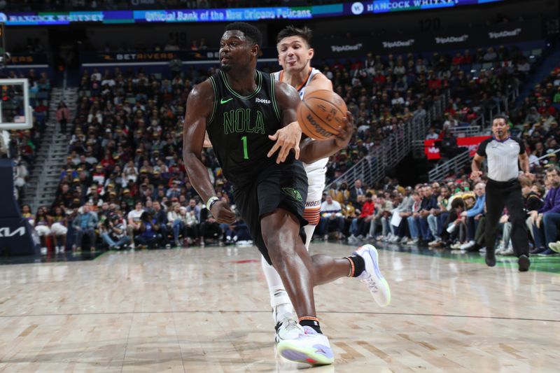 NEW ORLEANS, LA - JANUARY 19: Zion Williamson #1 of the New Orleans Pelicans drives to the basket during the game against the Phoenix Suns on January 19, 2024 at the Smoothie King Center in New Orleans, Louisiana. NOTE TO USER: User expressly acknowledges and agrees that, by downloading and or using this Photograph, user is consenting to the terms and conditions of the Getty Images License Agreement. Mandatory Copyright Notice: Copyright 2024 NBAE (Photo by Layne Murdoch Jr./NBAE via Getty Images)