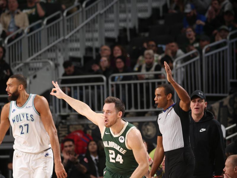 MILWAUKEE, WI - FEBRUARY 8: Pat Connaughton #24 of the Milwaukee Bucks celebrates a three point basket during the game against the Minnesota Timberwolves on February 8, 2024 at the Fiserv Forum Center in Milwaukee, Wisconsin. NOTE TO USER: User expressly acknowledges and agrees that, by downloading and or using this Photograph, user is consenting to the terms and conditions of the Getty Images License Agreement. Mandatory Copyright Notice: Copyright 2024 NBAE (Photo by Gary Dineen/NBAE via Getty Images).