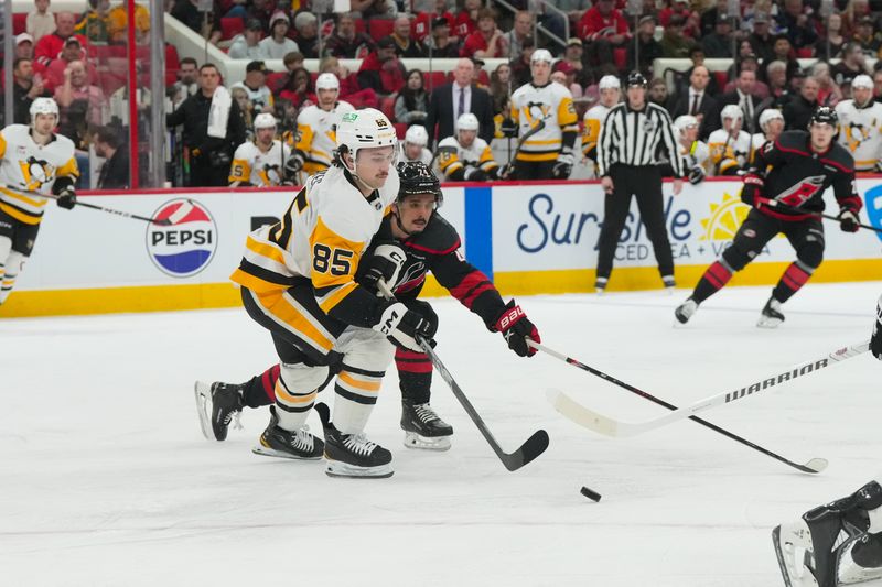 Mar 10, 2026; Raleigh, North Carolina, USA;  Pittsburgh Penguins right wing Avery Hayes (85) skates with the puck inside of Carolina Hurricanes center Seth Jarvis (24) during the first period at Lenovo Center. Mandatory Credit: James Guillory-Imagn Images