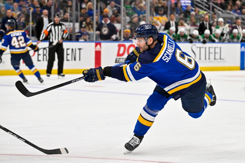 Dec 27, 2023; St. Louis, Missouri, USA;  St. Louis Blues defenseman Marco Scandella (6) shoots and scores against the Dallas Stars during the second period at Enterprise Center. Mandatory Credit: Jeff Curry-USA TODAY Sports