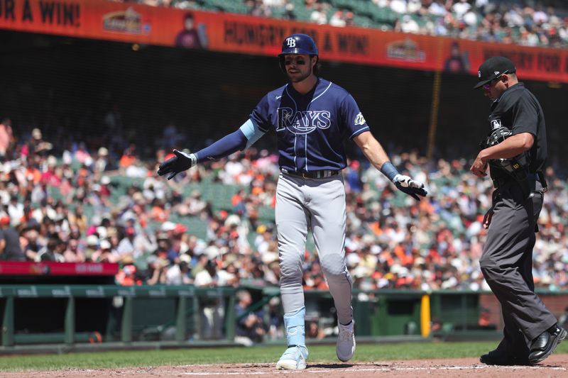 Aug 16, 2023; San Francisco, California, USA; Tampa Bay Rays right fielder Josh Lowe (15) hits a one run home run during the fourth inning against the San Francisco Giants at Oracle Park. Mandatory Credit: Sergio Estrada-USA TODAY Sports