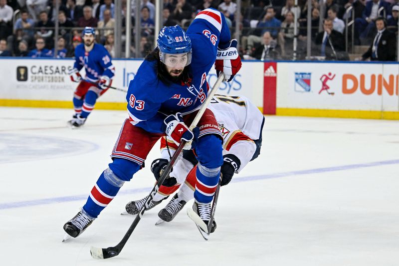 May 30, 2024; New York, New York, USA; New York Rangers center Mika Zibanejad (93) skates with the puck against the Florida Panthers during the third period in game five of the Eastern Conference Final of the 2024 Stanley Cup Playoffs at Madison Square Garden. Mandatory Credit: Dennis Schneidler-USA TODAY Sports