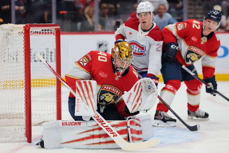Dec 30, 2025; Sunrise, Florida, USA; Florida Panthers goaltender Daniil Tarasov (40) makes a save against Montreal Canadiens during the second period at Amerant Bank Arena. Mandatory Credit: Sam Navarro-Imagn Images