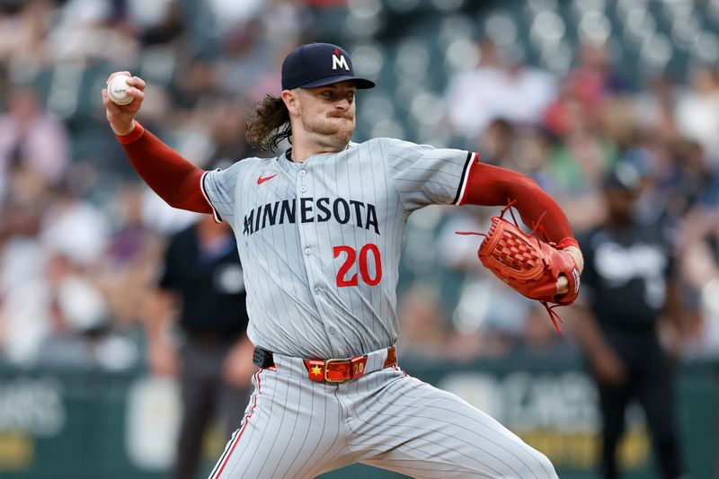Jul 8, 2024; Chicago, Illinois, USA; Minnesota Twins starting pitcher Chris Paddack (20) delivers a pitch against the Chicago White Sox during the first inning at Guaranteed Rate Field. Mandatory Credit: Kamil Krzaczynski-USA TODAY Sports