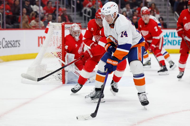 Feb 29, 2024; Detroit, Michigan, USA;  New York Islanders center Bo Horvat (14) skates with the puck in the third period against the Detroit Red Wings at Little Caesars Arena. Mandatory Credit: Rick Osentoski-USA TODAY Sports