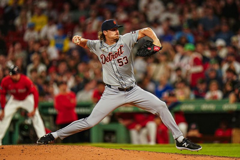 May 31, 2024; Boston, Massachusetts, USA; Detroit Tigers relief pitcher Mason Englert (53) throws a pitch against the Boston Red Sox in the seventh inning at Fenway Park. Mandatory Credit: David Butler II-USA TODAY Sports