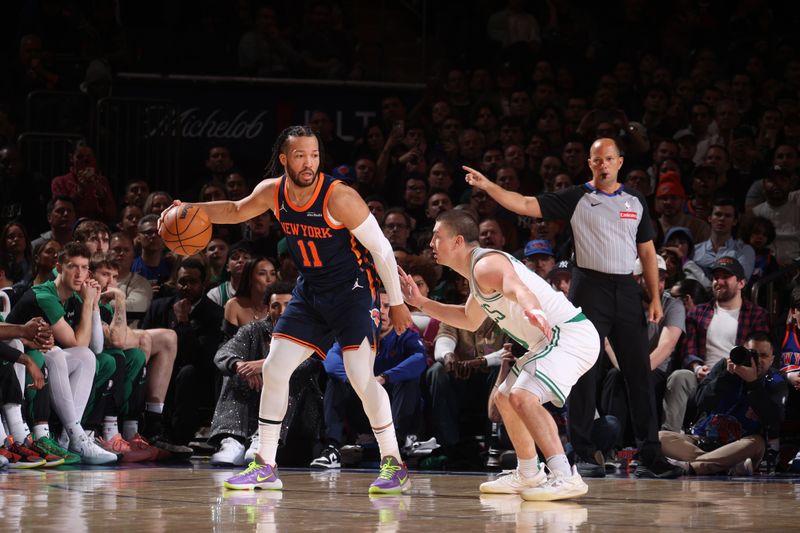 NEW YORK, NY - APRIL 8:  Jalen Brunson #11 of the New York Knicks handles the ball during the game against the Boston Celtics on April 8, 2025 at Madison Square Garden in New York City, New York.  NOTE TO USER: User expressly acknowledges and agrees that, by downloading and or using this photograph, User is consenting to the terms and conditions of the Getty Images License Agreement. Mandatory Copyright Notice: Copyright 2025 NBAE  (Photo by Nathaniel S. Butler/NBAE via Getty Images)