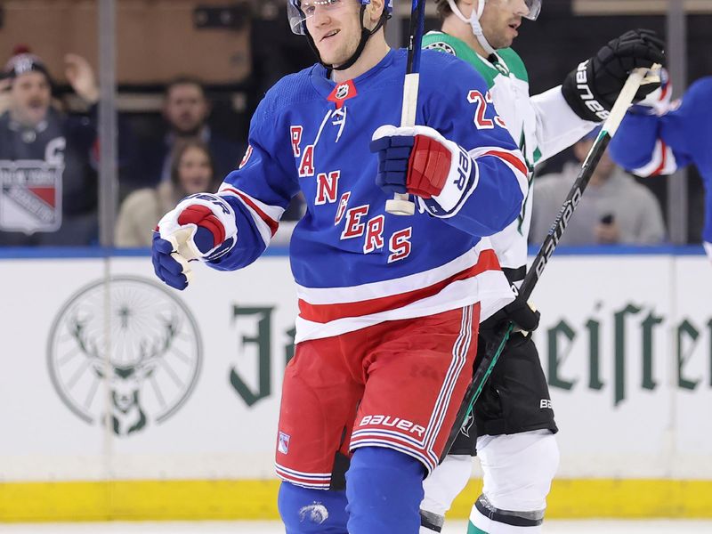 Feb 20, 2024; New York, New York, USA; New York Rangers defenseman Adam Fox (23) celebrates his goal against the Dallas Stars in front of Stars center Craig Smith (15) during the first period at Madison Square Garden. Mandatory Credit: Brad Penner-USA TODAY Sports