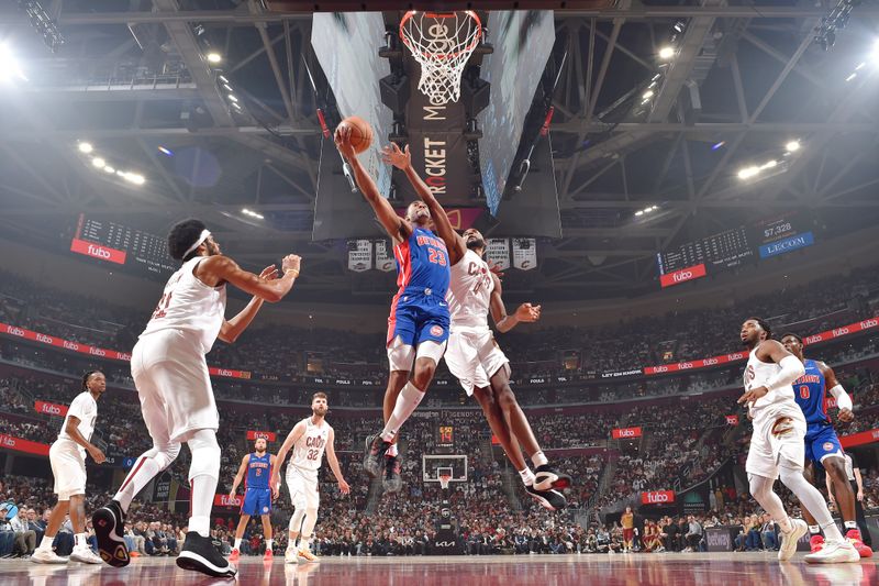 CLEVELAND, OH - OCTOBER 25: Jaden Ivey #23 of the Detroit Pistons drives to the basket during the game against the Cleveland Cavaliers on October 25, 2024 at Rocket Mortgage FieldHouse in Cleveland, Ohio. NOTE TO USER: User expressly acknowledges and agrees that, by downloading and/or using this Photograph, user is consenting to the terms and conditions of the Getty Images License Agreement. Mandatory Copyright Notice: Copyright 2024 NBAE (Photo by David Liam Kyle/NBAE via Getty Images)