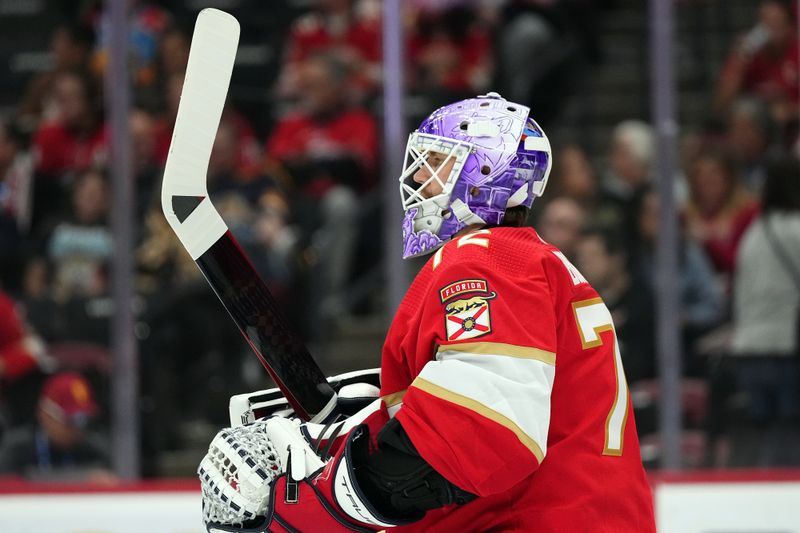 Nov 10, 2023; Sunrise, Florida, USA; Florida Panthers goaltender Sergei Bobrovsky (72) stands on the ice during the first period against the Carolina Hurricanes at Amerant Bank Arena. Mandatory Credit: Jasen Vinlove-USA TODAY Sports