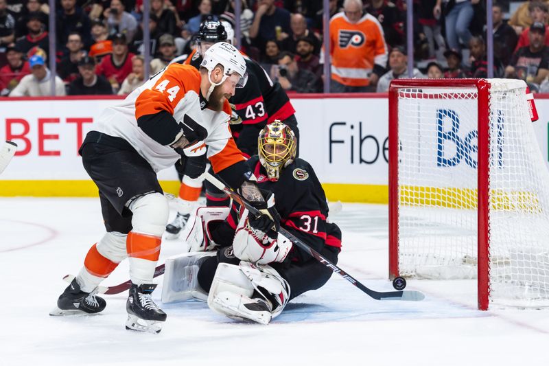 Apr 13, 2025; Ottawa, Ontario, CAN; Philadelphia Flyers left wing Nicolas Deslauriers (44) scores against Ottawa Senators goalie Anton Forsberg (31) in the second period at the Canadian Tire Centre. Mandatory Credit: Marc DesRosiers-Imagn Images