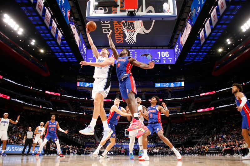 DETROIT, MI - FEBRUARY 24:  Franz Wagner #22 of the Orlando Magic goes to the basket during the game on February 24, 2024 at Little Caesars Arena in Detroit, Michigan. NOTE TO USER: User expressly acknowledges and agrees that, by downloading and/or using this photograph, User is consenting to the terms and conditions of the Getty Images License Agreement. Mandatory Copyright Notice: Copyright 2024 NBAE (Photo by Brian Sevald/NBAE via Getty Images)