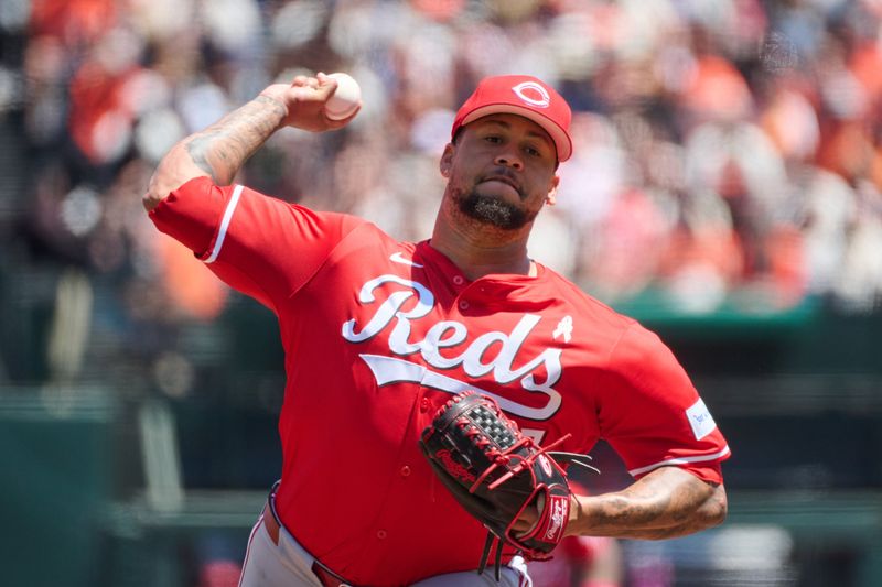 May 12, 2024; San Francisco, California, USA; Cincinnati Reds starting pitcher Frankie Montas (47) throws a pitch against the San Francisco Giants during the first inning at Oracle Park. Mandatory Credit: Robert Edwards-USA TODAY Sports