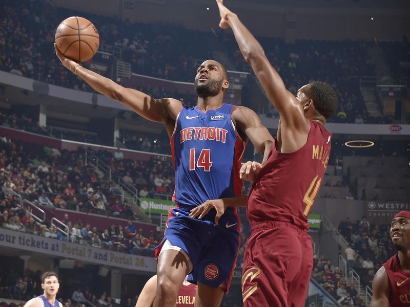 CLEVELAND, OH - JANUARY 31:  Alec Burks #14 of the Detroit Pistons drives to the basket during the game against the Cleveland Cavaliers on January 31, 2024 at Rocket Mortgage FieldHouse in Cleveland, Ohio. NOTE TO USER: User expressly acknowledges and agrees that, by downloading and/or using this Photograph, user is consenting to the terms and conditions of the Getty Images License Agreement. Mandatory Copyright Notice: Copyright 2024 NBAE (Photo by David Liam Kyle/NBAE via Getty Images)