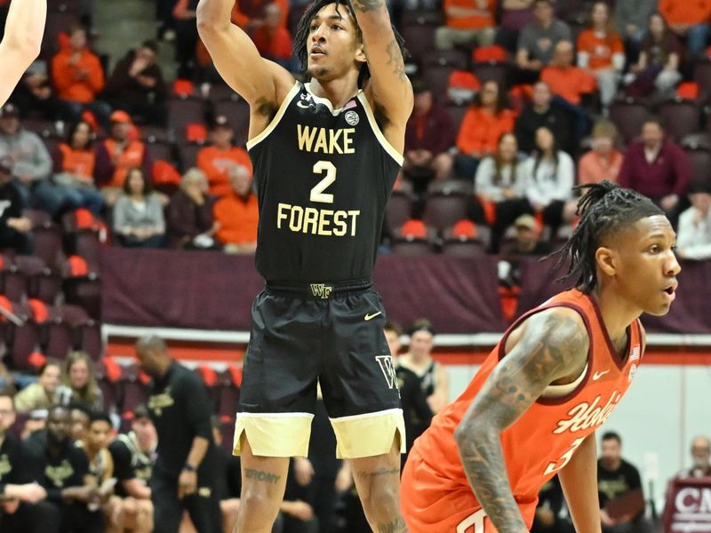 Feb 21, 2026; Blacksburg, Virginia, USA;  Wake Forest Demon Deacons forward Juke Harris (2) shoots during the first half at Cassell Coliseum. Mandatory Credit: Brian Bishop-Imagn Images