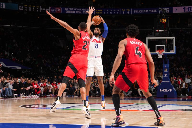 PHILADELPHIA, PA - FEBRUARY 11:  Paul George #8 of the Philadelphia 76ers shoots the ball during the game against the Toronto Raptors on February 11, 2025 at the Wells Fargo Center in Philadelphia, Pennsylvania NOTE TO USER: User expressly acknowledges and agrees that, by downloading and/or using this Photograph, user is consenting to the terms and conditions of the Getty Images License Agreement. Mandatory Copyright Notice: Copyright 2025 NBAE (Photo by Jesse D. Garrabrant/NBAE via Getty Images)