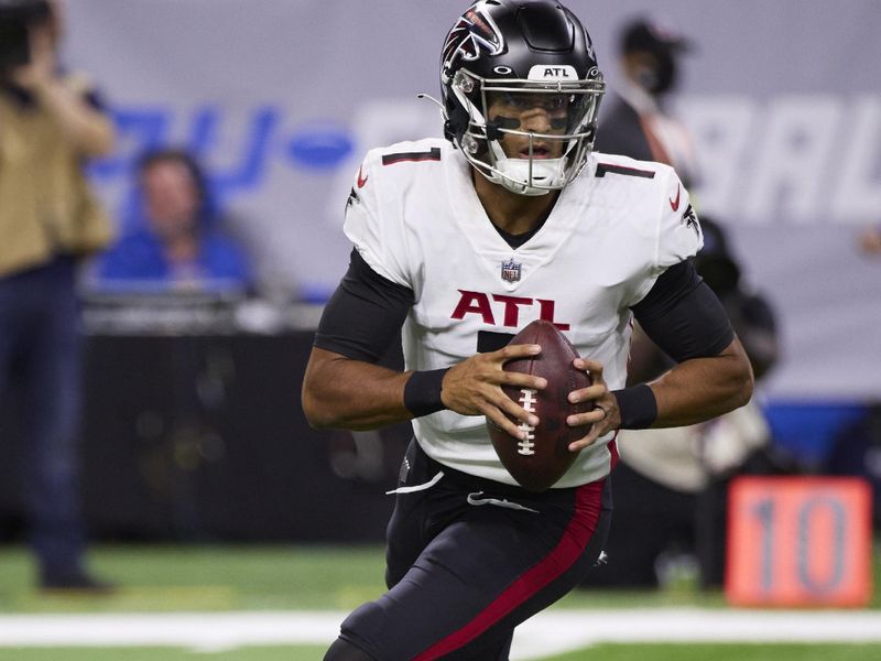 Atlanta Falcons quarterback Marcus Mariota (1) looks to pass against the Detroit Lions during an NFL football game, Friday, Aug. 12, 2022, in Detroit. (AP Photo/Rick Osentoski)