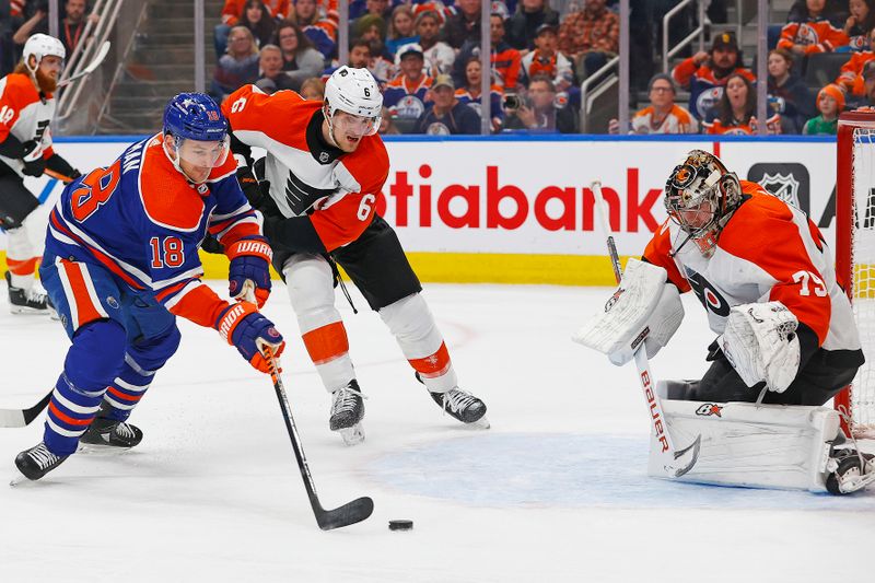 Jan 2, 2024; Edmonton, Alberta, CAN; Edmonton Oilers forward Zach Hyman (18) tries to get a shot away on Philadelphia Flyers goaltender Carter Hart (79) during the first period at Rogers Place. Mandatory Credit: Perry Nelson-USA TODAY Sports