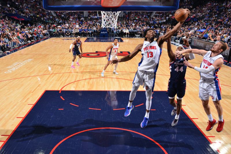 PHILADELPHIA, PA - APRIL 9: James Wiseman #13 of the Detroit Pistons rebounds the ball during the game against the Philadelphia 76ers on April 9, 2024 at the Wells Fargo Center in Philadelphia, Pennsylvania NOTE TO USER: User expressly acknowledges and agrees that, by downloading and/or using this Photograph, user is consenting to the terms and conditions of the Getty Images License Agreement. Mandatory Copyright Notice: Copyright 2024 NBAE (Photo by Jesse D. Garrabrant/NBAE via Getty Images)