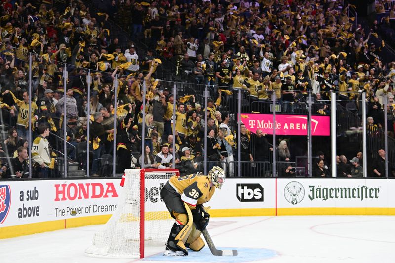 Apr 27, 2024; Las Vegas, Nevada, USA; Vegas Golden Knights goaltender Logan Thompson (36) looks on before the start of overtime against the Dallas Stars in game three of the first round of the 2024 Stanley Cup Playoffs at T-Mobile Arena. Mandatory Credit: Candice Ward-USA TODAY Sports