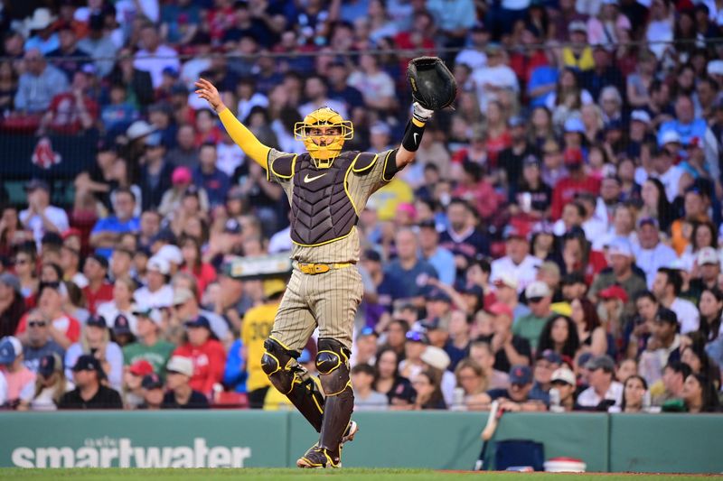 Jun 28, 2024; Boston, Massachusetts, USA; San Diego Padres catcher Kyle Higashioka (20) signals to teammates during the fourth inning against the Boston Red Sox at Fenway Park. Mandatory Credit: Eric Canha-USA TODAY Sports