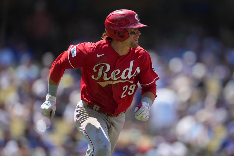 Jul 30, 2023; Los Angeles, California, USA; Cincinnati Reds center fielder TJ Friedl (29) runs to first base on a run-scoring single in the sixth inning against the Los Angeles Dodgers at Dodger Stadium. Mandatory Credit: Kirby Lee-USA TODAY Sports