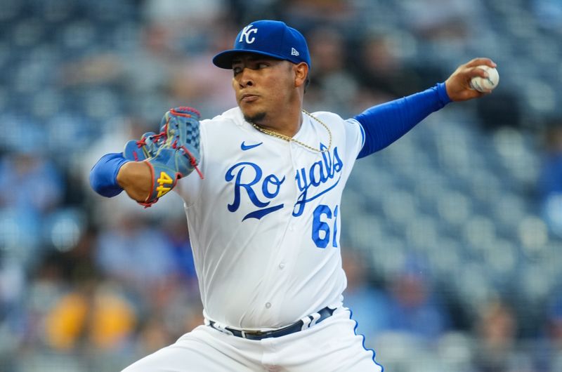 Aug 30, 2023; Kansas City, Missouri, USA; Kansas City Royals starting pitcher Angel Zerpa (61) pitches during the first inning against the Pittsburgh Pirates at Kauffman Stadium. Mandatory Credit: Jay Biggerstaff-USA TODAY Sports